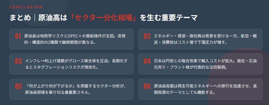まとめ|原油高は「セクター分化相場」を生む重要テーマ